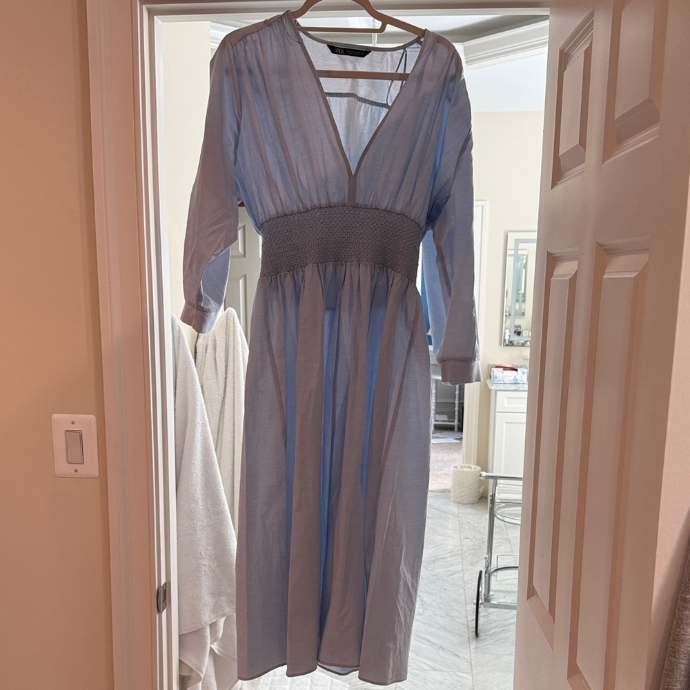 Zara Pale Blue V-Neck Smocked Waist Long-Sleeve Midi Dress